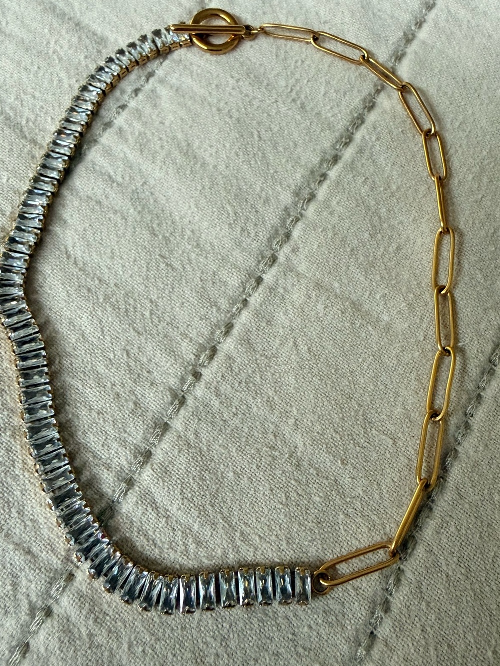Choker with Clear Crystal Baguette Accents and Gold Paperclip Chain